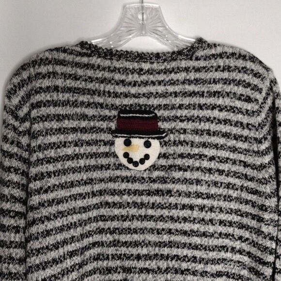 Christopher & Banks Cardigan Womens M White Black Stripe Hand Embroider Snowman - Picture 7 of 10